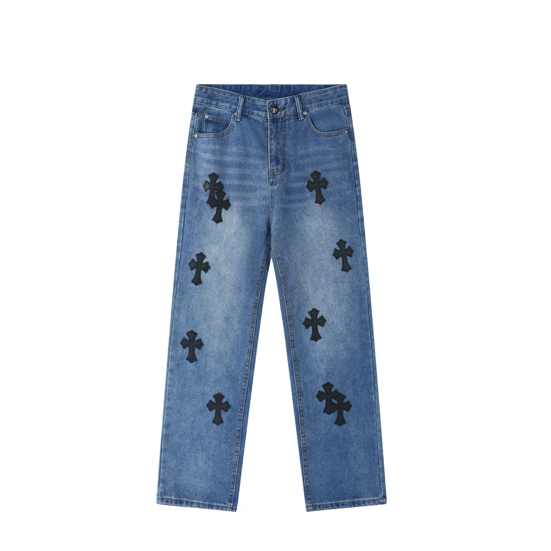 P236 💰 (Top version) Chrome Heart cross patchwork leather jeans Top heavy washing process Calfskin laser cut cross Distressed silver hardware Straight version slimming the upper body High-end quality distinguishes the market currency Color: blue and black Size: 28 30 32 34 36 (corresponding to S-M-L-XL-XXL) Corresponding size｜S-XXL